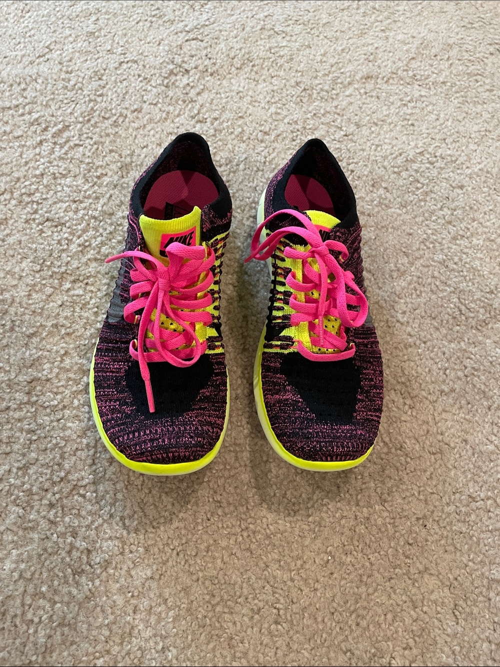 Nike Free RN Flyknit Sneakers - Pink & Neon Yellow